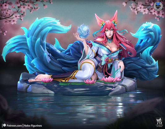 Ahri League of Legends anime game resin collectible with flowing nine tails lotus flowers spirit orb and shrine water base