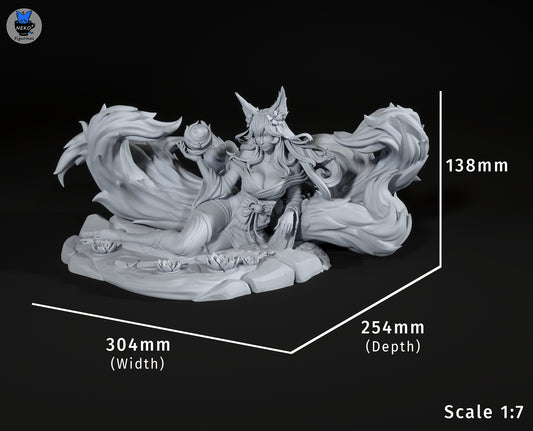 Ahri League of Legends resin statue parts breakdown with tails kimono spirit orb and water base components