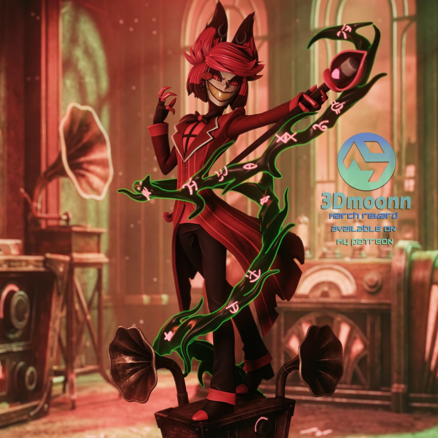 Alastor Hazbin Hotel 1-6 scale figure closeup showing radio demon grin and microphone staff
