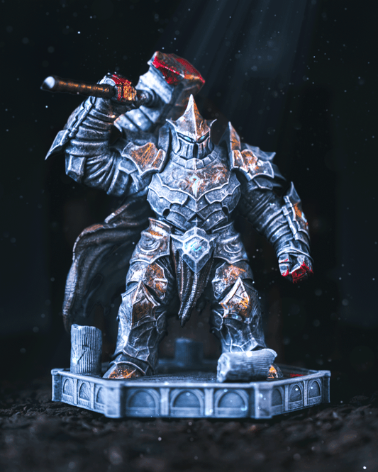 Painted Warden Golem miniature with glowing blue core, metallic armor, blood-stained warhammer, and standing atop a shattered marble platform