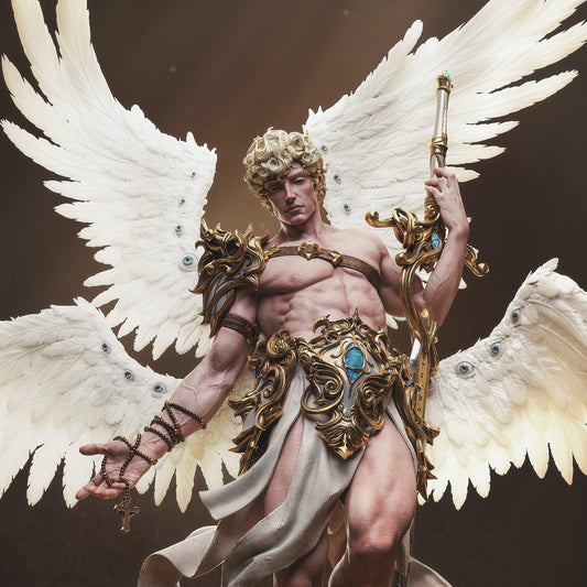 Close-up of the angel’s face, detailed armor, rosary-wrapped hand, and sculpted fabric loincloth with piercing wing eyes.