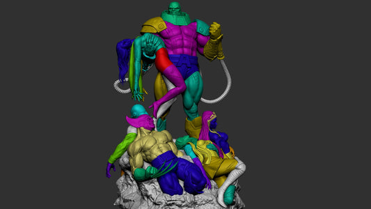 Apocalypse Diorama unpainted 3D model showing villain standing over defeated X-Men including Wolverine, Rogue, Jean Grey, and Emma Frost – Marvel Comics 1:6 scale unassembled kit.