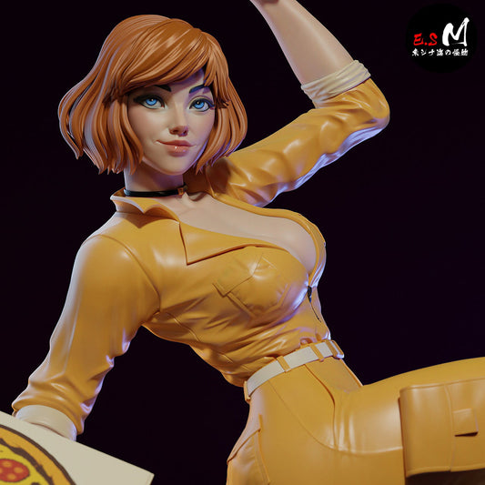 April O’Neil TMNT statue base detail, street barrier and manhole cover base, urban display environment, TMNT collectible