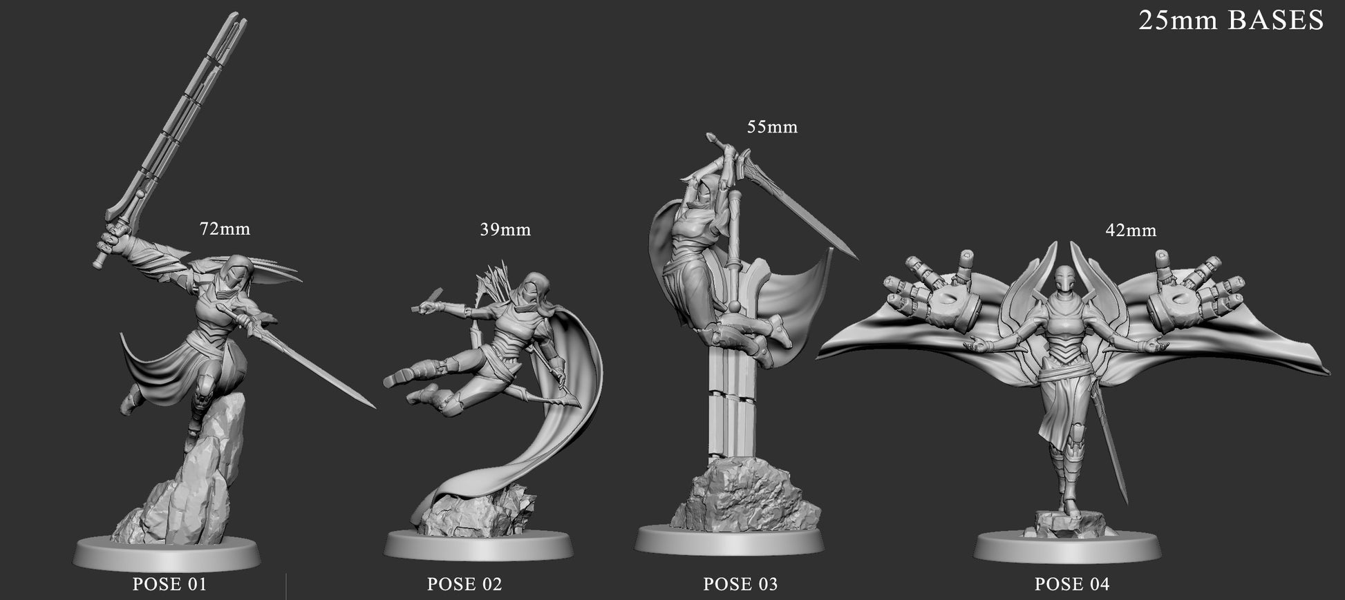 Side-by-side lineup of all four Argent Defenders on 25mm bases. Pose 1 leaps from a rock with dual blades, Pose 2 kicks off a cliff mid-draw, Pose 3 dives downward with sword in hand, and Pose 4 stands serene with tech gauntlets spread wide.