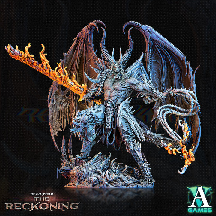 Armaros miniature with demonic horns, mechanical armor, flaming sword, large wings, and barbed tail, standing on a base of twisted wreckage.