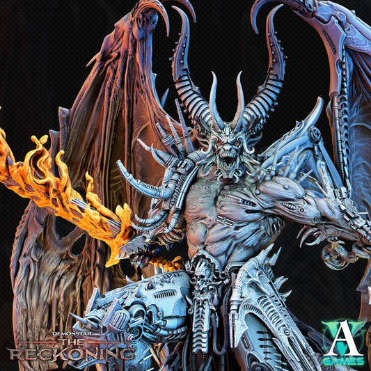 Close up of Armaros miniature with demonic horns, mechanical armor, flaming sword, large wings, and barbed tail, standing on a base of twisted wreckage.