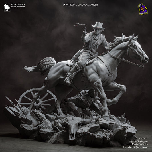 arthur morgan statue grey model front view horse rider revolver sculpt detail western figure