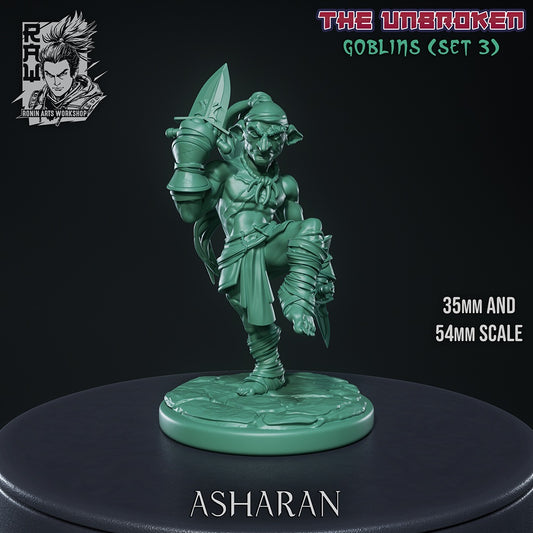 Asharan the Pit Fighter goblin monk gray resin render with ritual daggers martial arts stance wrapped bindings and fantasy tabletop RPG styling