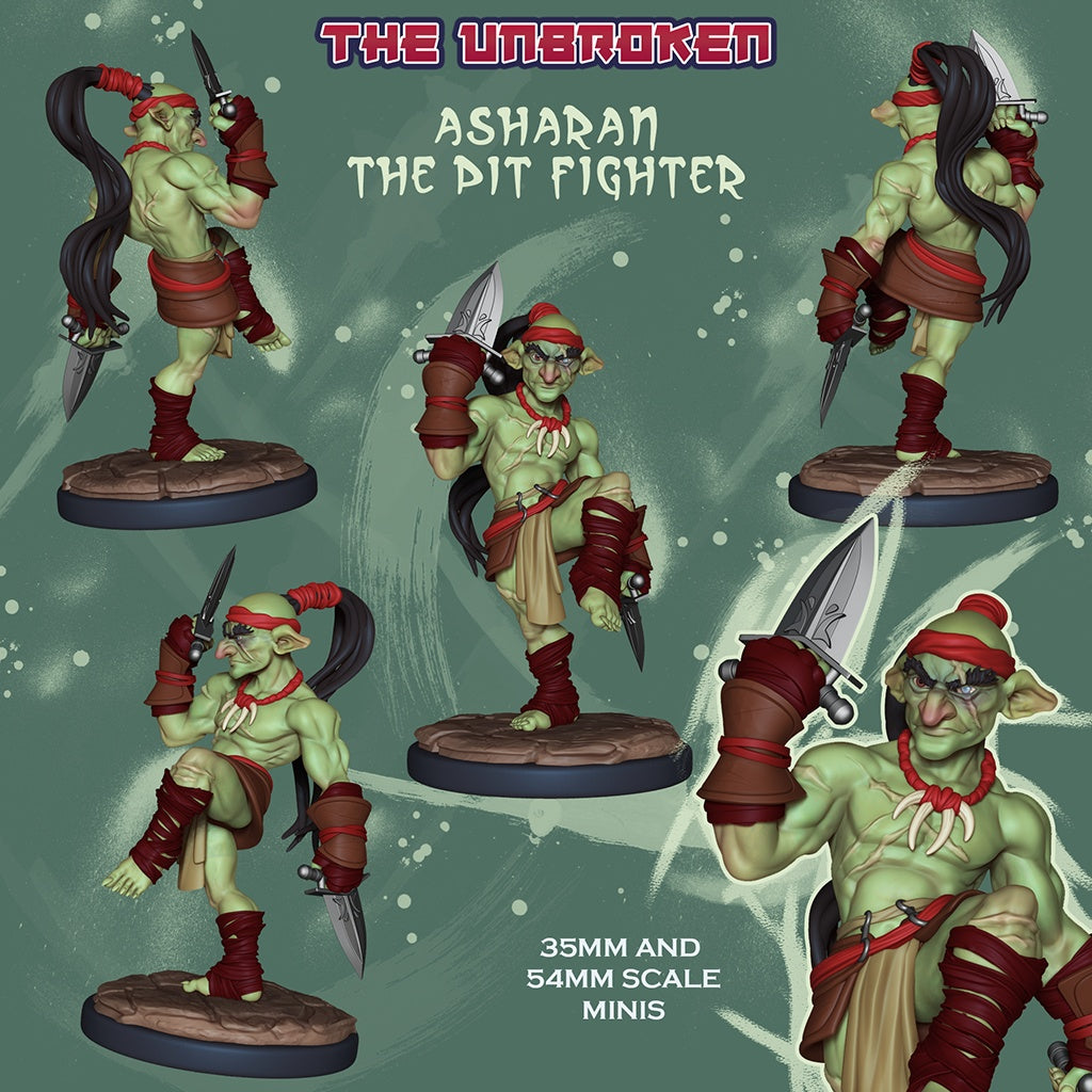 Asharan the Pit Fighter goblin monk resin tabletop miniature wielding ritual daggers with martial arts inspired fantasy RPG design