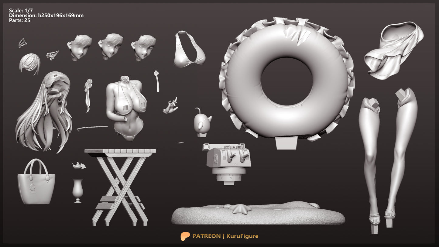 Atago Azur Lane exploded parts layout for 1:7 scale resin statue showing alternate face plates beach accessories float ring and base components