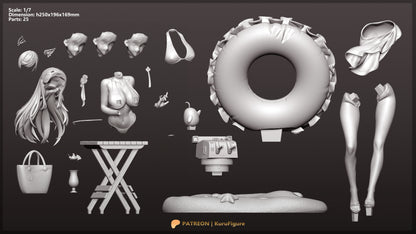Atago Azur Lane exploded parts layout for 1:7 scale resin statue showing alternate face plates beach accessories float ring and base components