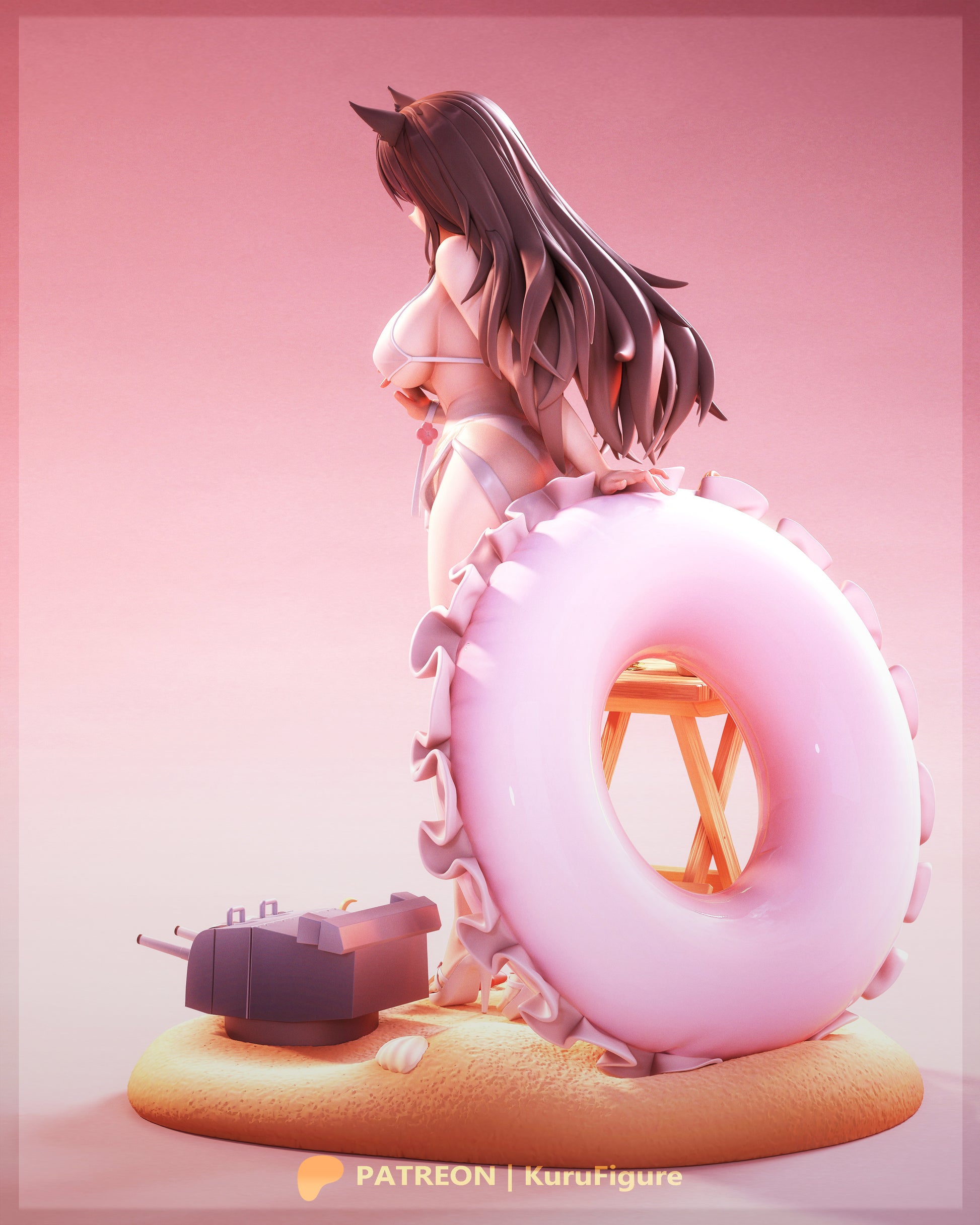 Atago Azur Lane 1:7 scale resin statue rear render showing flowing hair swim ring beach base and naval turret accessory