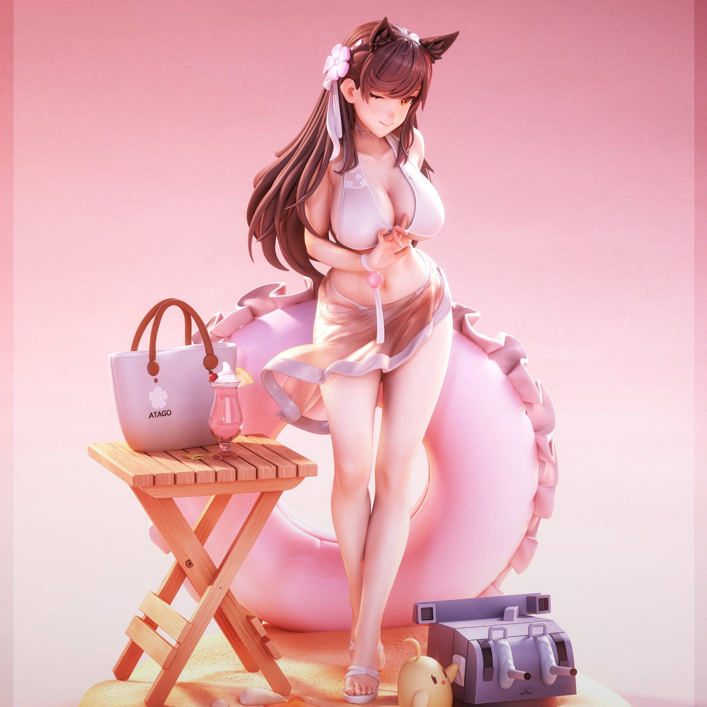 Atago Azur Lane 1:7 scale resin statue painted front render with beach outfit inflatable swim ring fox ears and seaside accessories