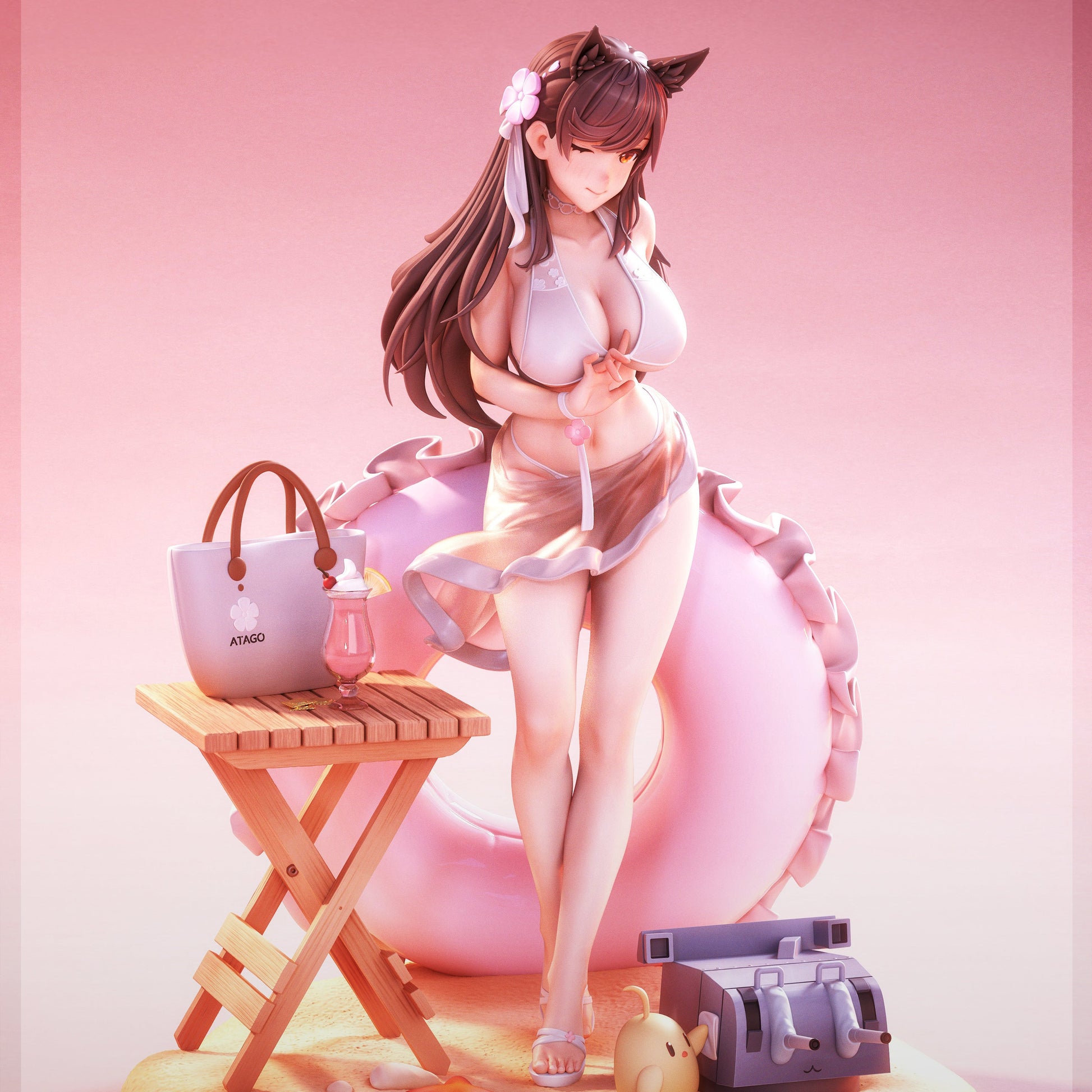 Atago Azur Lane 1:7 scale resin statue painted front render with beach outfit inflatable swim ring fox ears and seaside accessories