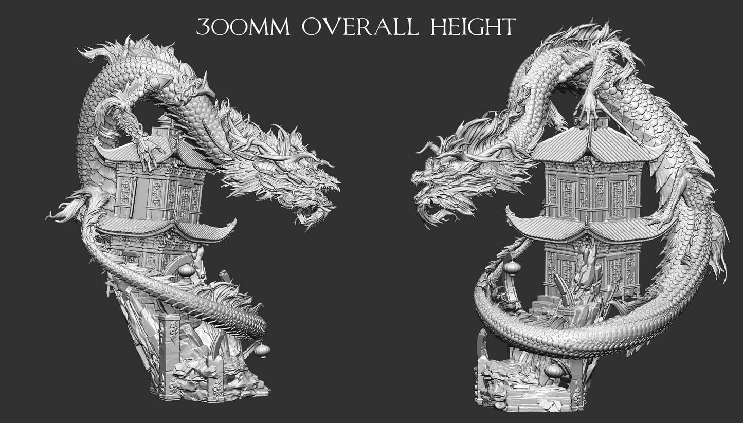 Scale diagram showing the height, detailed body segments, and positioning of the Azure Dragon miniature.