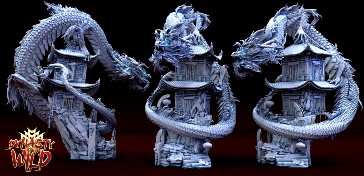 Azure Dragon miniature entwined around a tall, ornate pagoda with dynamic posture.