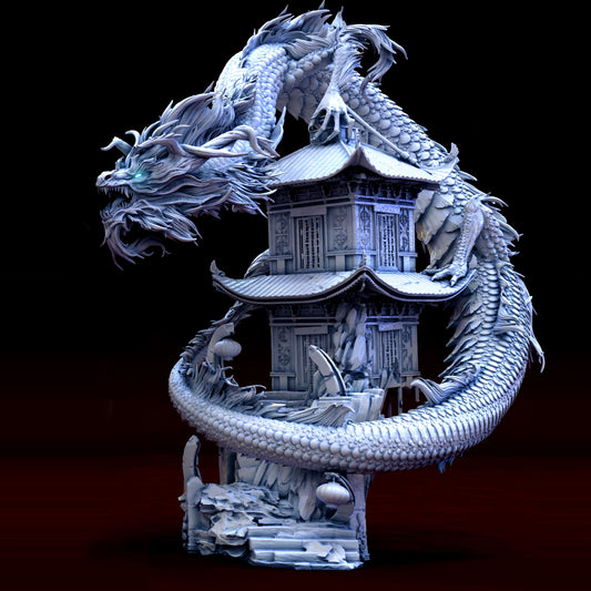 Azure Dragon miniature posed wrapping around a pagoda with intricate scales, claws, and fierce expression.