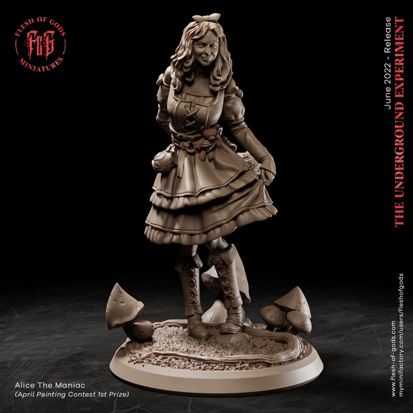 Alice The Maniac, a twisted version of Alice in Wonderland, with a haunting smile, frilled dress, holding a stuffed toy, surrounded by eerie mushrooms, depicted in a detailed miniature for tabletop RPGs.