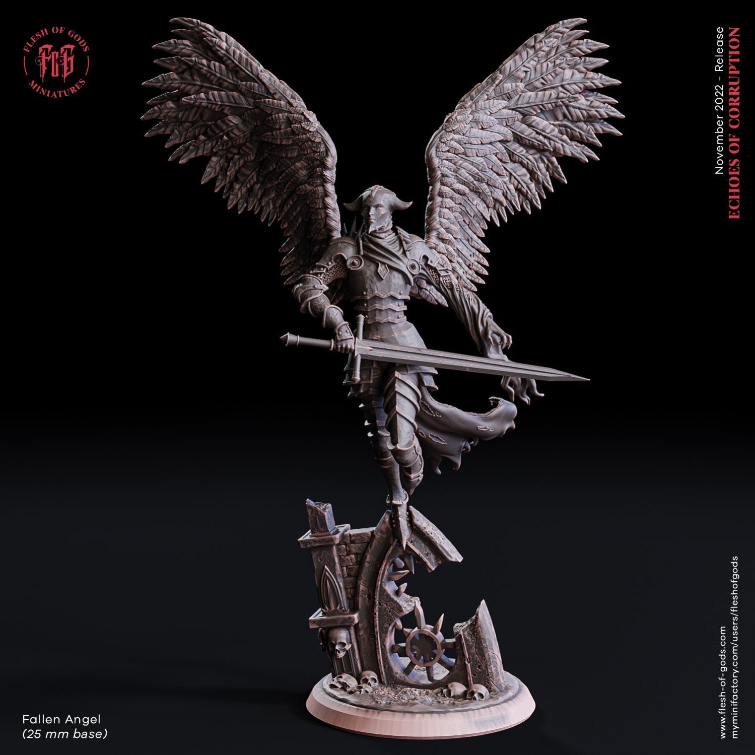 Fallen Angel figurine depicted in mid-flight, wielding a large sword, dressed in heavy armor with expansive wings spread wide, standing atop the remnants of a ruined structure. Suitable for use in dark fantasy TTRPGs such as Dungeons & Dragons or Pathfinder.