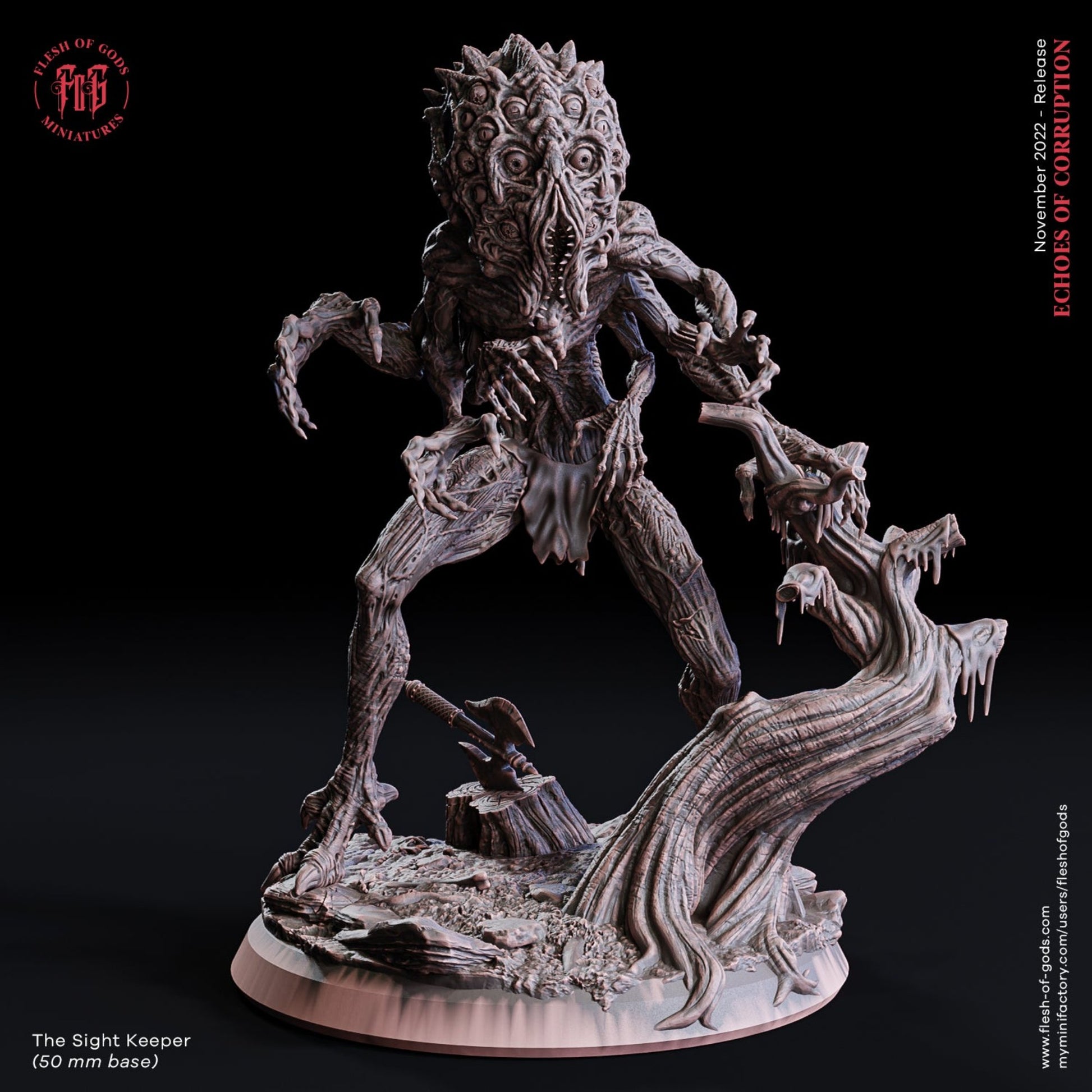 The Sight Keeper, a grotesque creature with multiple eyes and twisted limbs, standing on a gnarled, tree-like base, depicted in a detailed miniature for dark fantasy tabletop RPGs.