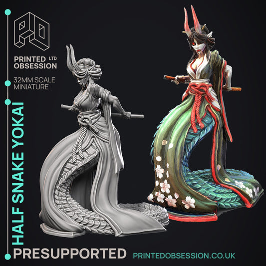 A 3D-printed miniature of the Half Snake Yokai, combining the grace of a woman with the tail of a serpent, wielding swords and draped in traditional garments, perfect for fantasy RPGs like Dungeons & Dragons, Pathfinder, or Warhammer.