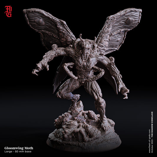 Gloomwing Moth figurine depicting a winged insectoid-demon hybrid creature, with grotesque wings spread wide and a muscular form. It stands over a pile of entangled bodies, perfect for use in dark fantasy TTRPG campaigns like Dungeons & Dragons or Pathfinder.