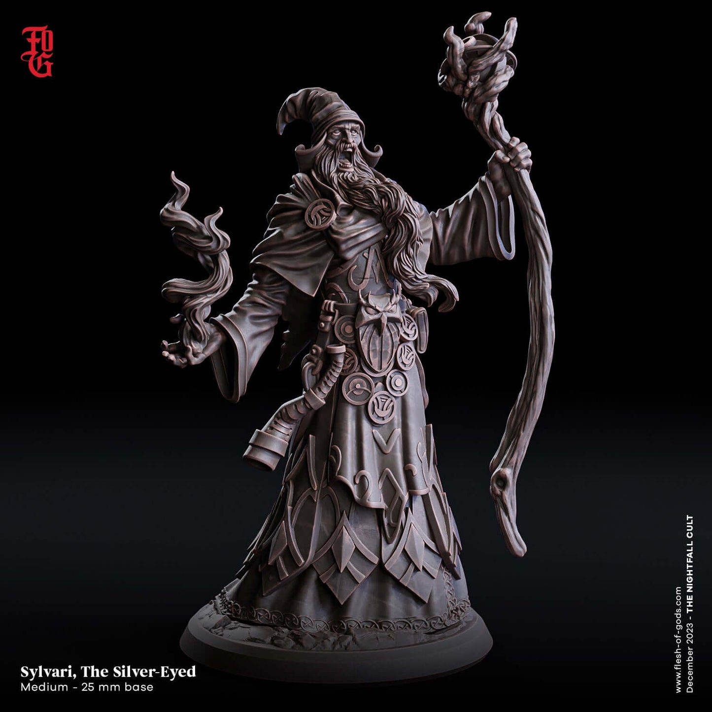 Sylvari, Silver-Eyed wizard miniature 3D printed for Dungeons and Dragons, Pathfinder, Age of Sigmar, and Frostgrave games