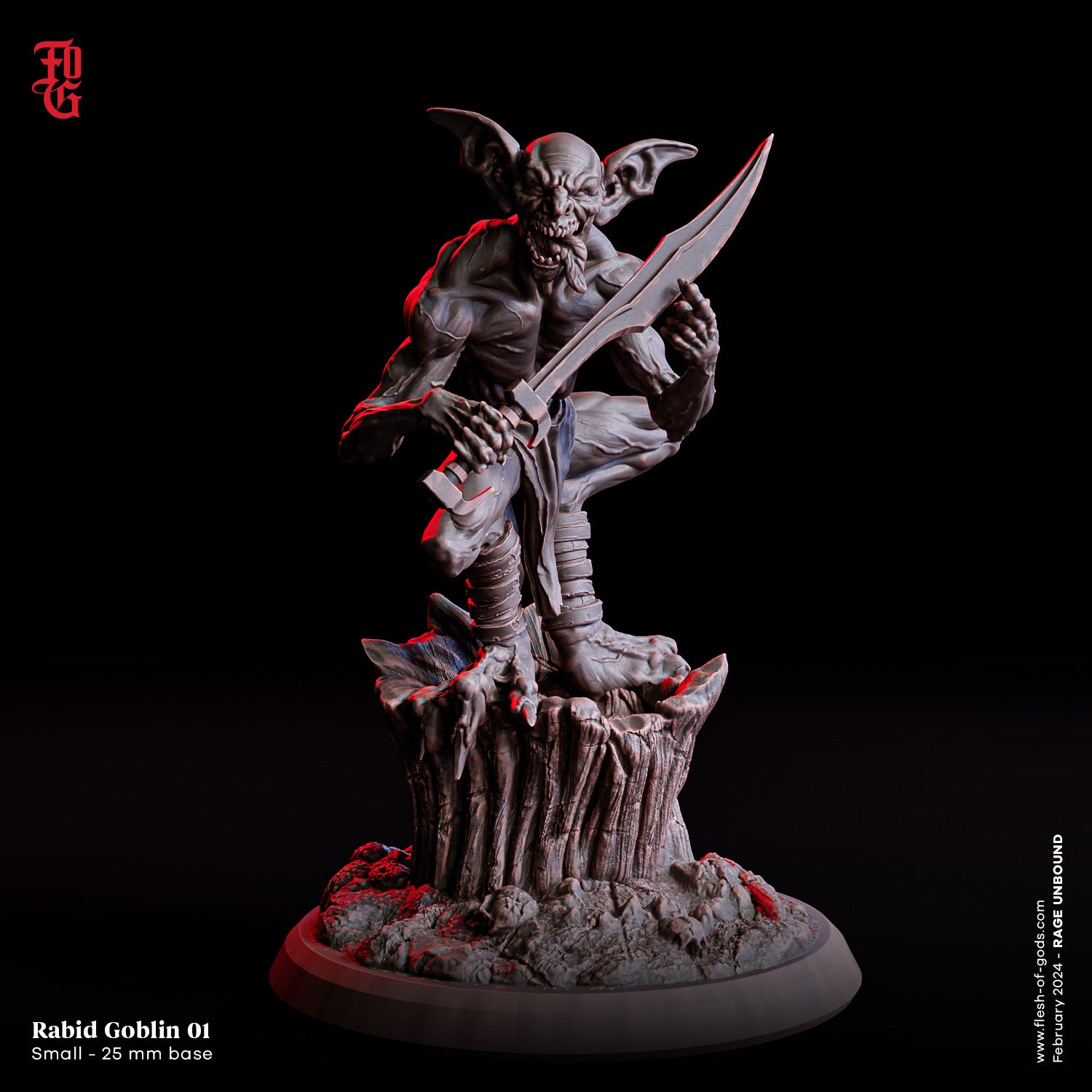 A rabid goblin with a sword raised, snarling in a crouched stance atop a tree stump.