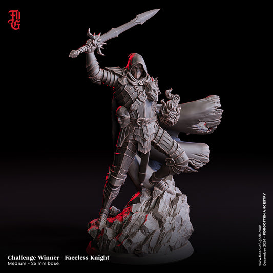 Faceless Knight miniature showcasing a hexblade warlock in ornate armor, a hooded cloak, and wielding a large sword. Features include a mysterious mask and dynamic pose atop rocky terrain, ideal for dark fantasy tabletop games.