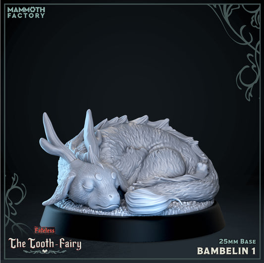 Baby Bambelin 1 Fateless 25mm resin miniature featuring a sleeping antlered fey creature curled peacefully on the ground.
