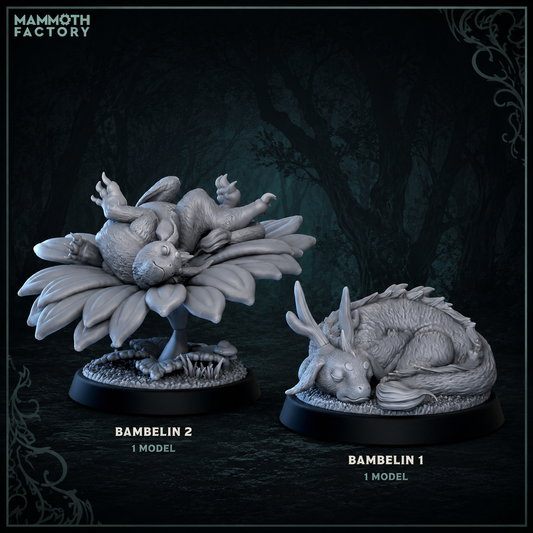 Baby Bambelin Fateless resin miniature set featuring two sleeping fey companion creatures resting on a flower and forest floor.
