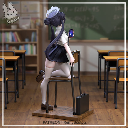 Ryuuge Kisaki Blue Archive figure back view kneeling pose on classroom chair with long twin ponytails school uniform thigh high socks phone and briefcase base 1 7 scale anime collectible