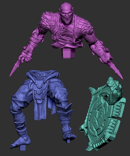 Parts Layout Image – Melted Assassin miniature parts layout with torso, armored legs, and modular base, Mortal Kombat Baraka style design.