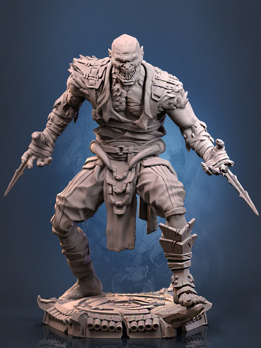 Unpainted Render Image – Melted Assassin unpainted miniature front view, standing on a detailed base, armed with twin blades.