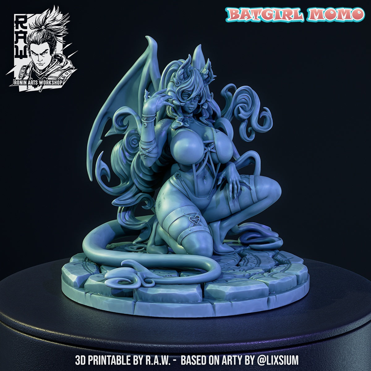 Batgirl Momo original succubus girl resin figure gray render featuring kneeling pinup pose oversized bat wings demon tail long flowing hair heart accessories and fantasy anime styling