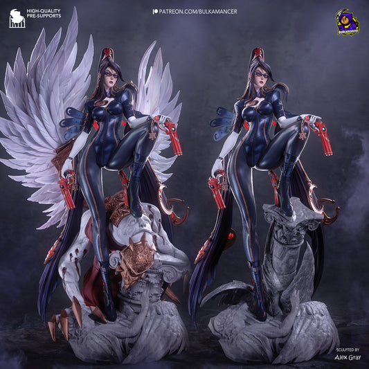 Bayonetta 1:8 scale resin collector statue dynamic pose dual pistols angel wing diorama base display collectible full color render large and small base variants