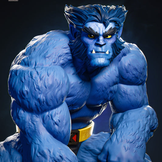 Beast Marvel Comics 1:12 scale figure angled view, aggressive low stance, massive shoulders and arms, detailed mutant sculpt, comic character collectible