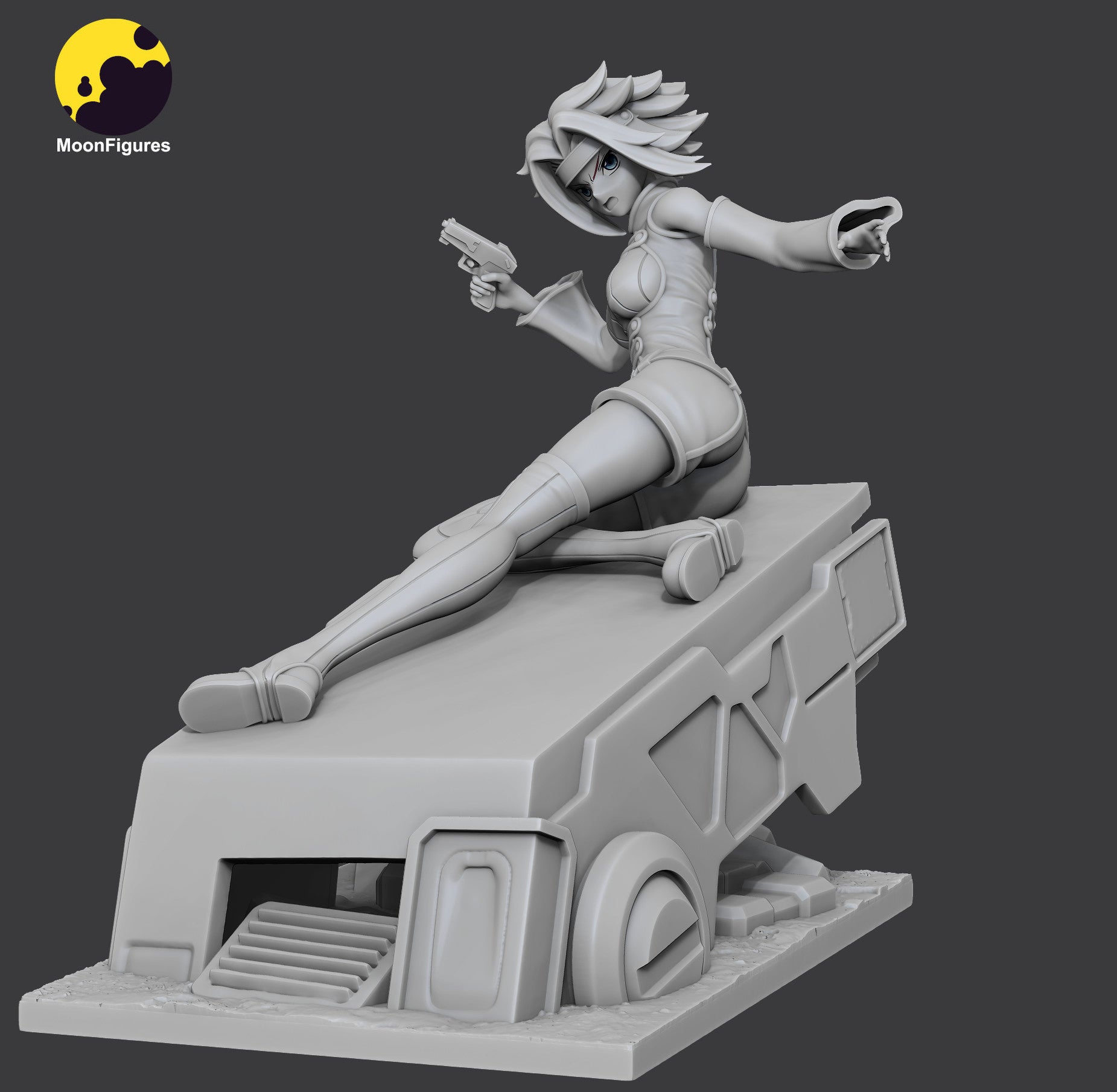 Kallen Kōzuki gray render close-up showing handgun pose, flowing hair sculpt, expression, fitted combat outfit, and seated dynamic posture on mechanical debris base.