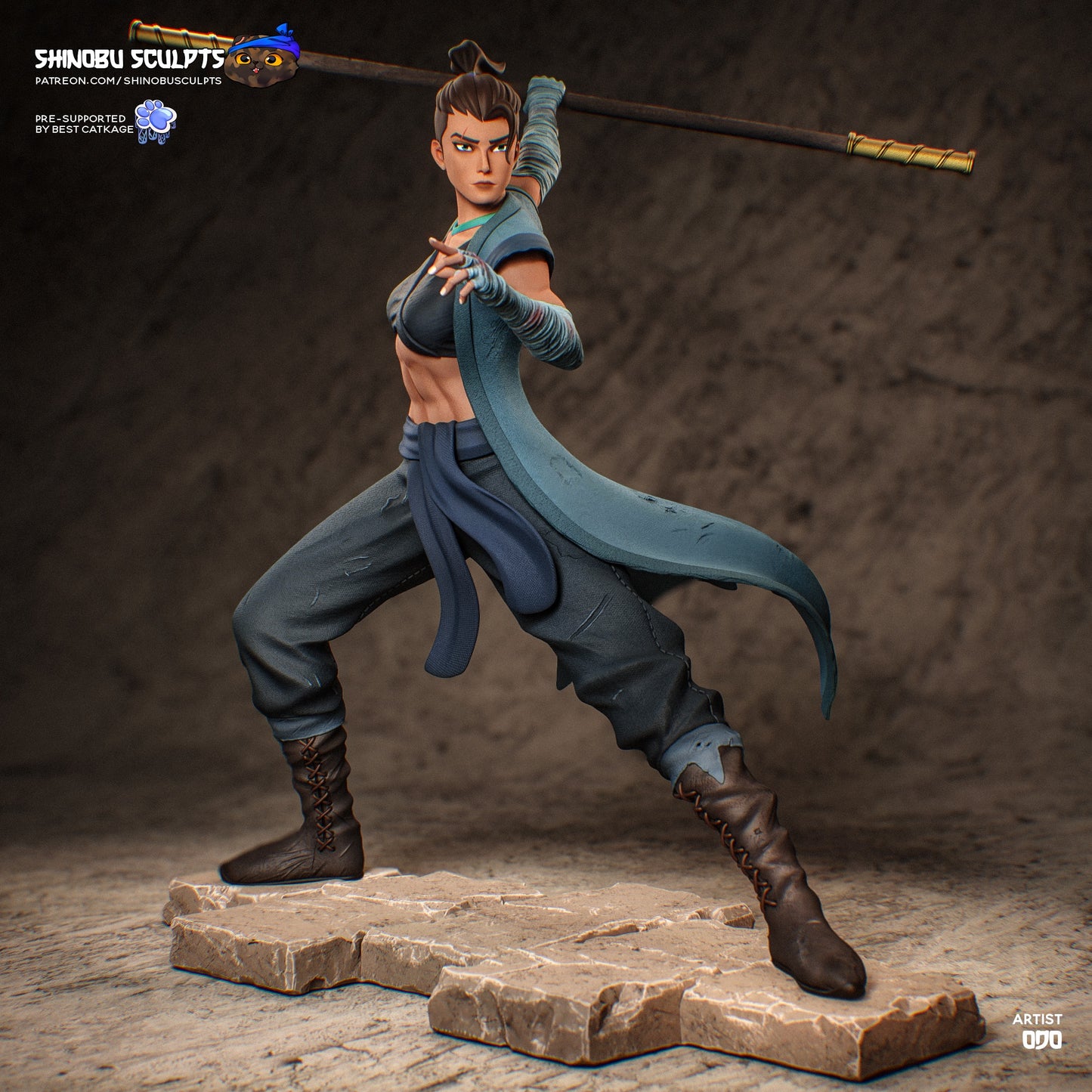 Beauregard Lionett painted statue holding staff in combat stance