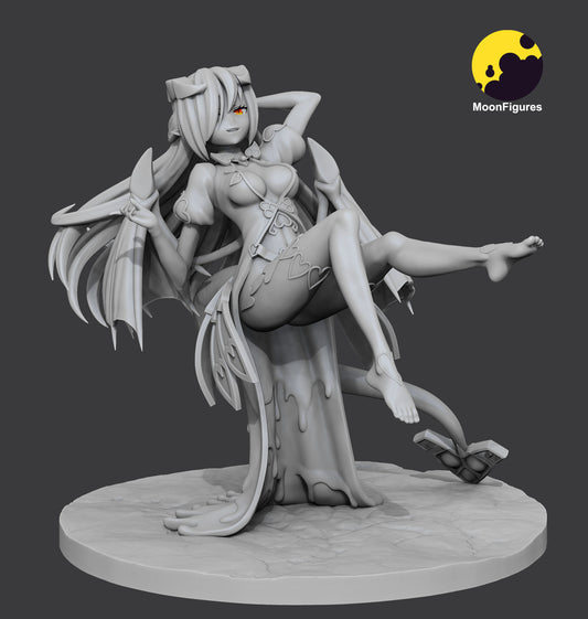 Grayscale sculpt of Lilim collectible showing intricate outfit design, demon wings, and seated pose.