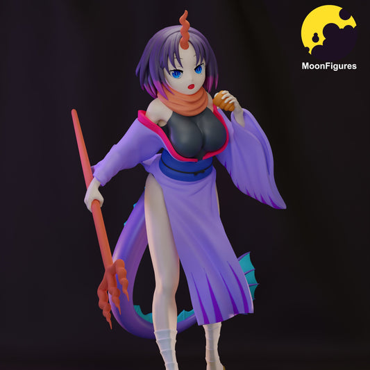 Elma Miss Kobayashi’s Dragon Maid 1:8 scale figurine colored render with purple kimono horn and trident