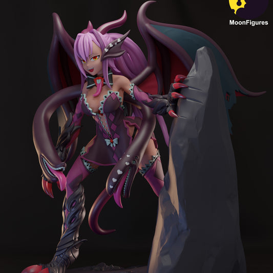 Jabberwock painted figure beauty shot showing fully colored finish, expressive eyes, dramatic wings, coiling tail, clawed limbs, and aggressive pose anchored to the rocky base