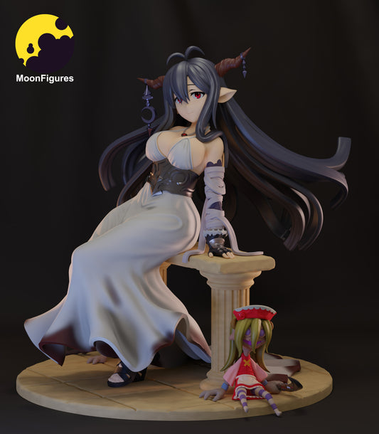 Danua painted figure beauty shot showing fully colored finish, expressive eyes, flowing dark hair, pale dress contrast, classical column diorama base, and eerie doll companions completing the scene