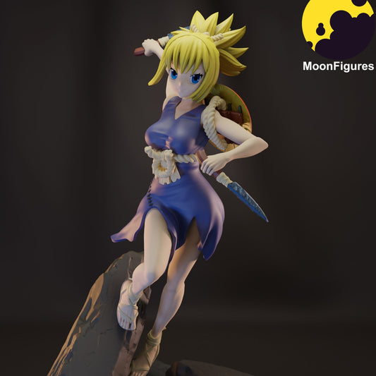 Full-color render of Kohaku collectible figure standing on rocky terrain, holding a dagger and wearing her signature outfit.