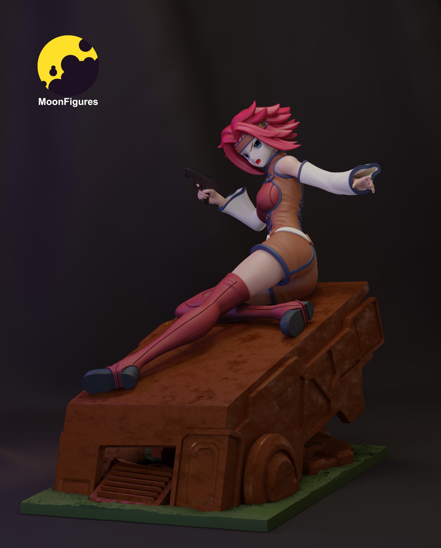 Kallen Kōzuki painted figure pose showing seated position on mechanical rubble base, handgun extended, hair sculpt flowing backward, detailed outfit, and dynamic pointing gesture.