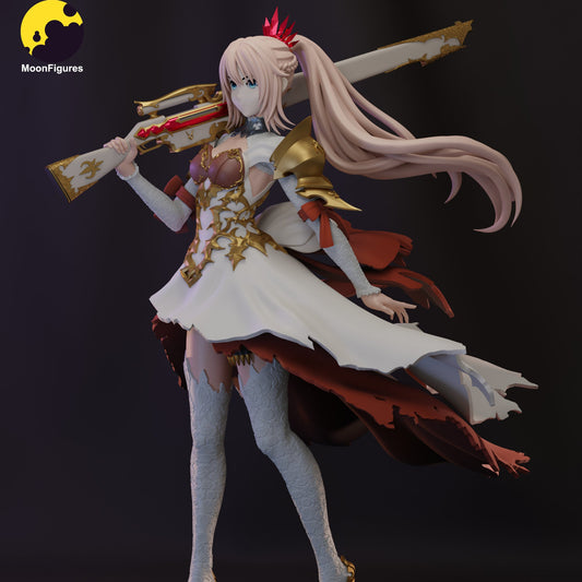 Shionne painted figure beauty shot showing fully colored finish, refined facial expression, ornate dress design, dynamic hair flow, and signature gunblade pose on textured base