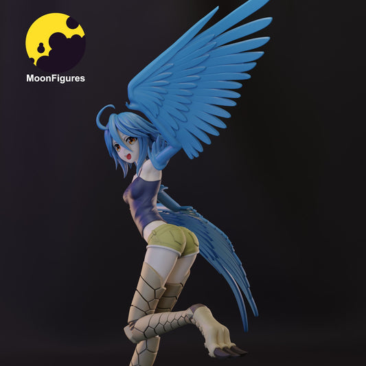 papi harpy girl figure full color render with blue wings scaled legs animated pose on stone base monster girl encyclopedia 1-10 scale