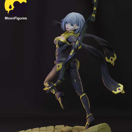 Beta painted figure beauty shot showing fully colored finish, sharp facial expression, dark combat attire with accent trim, ornate bow weapon, flowing scarf, and dynamic leap over cracked stone base