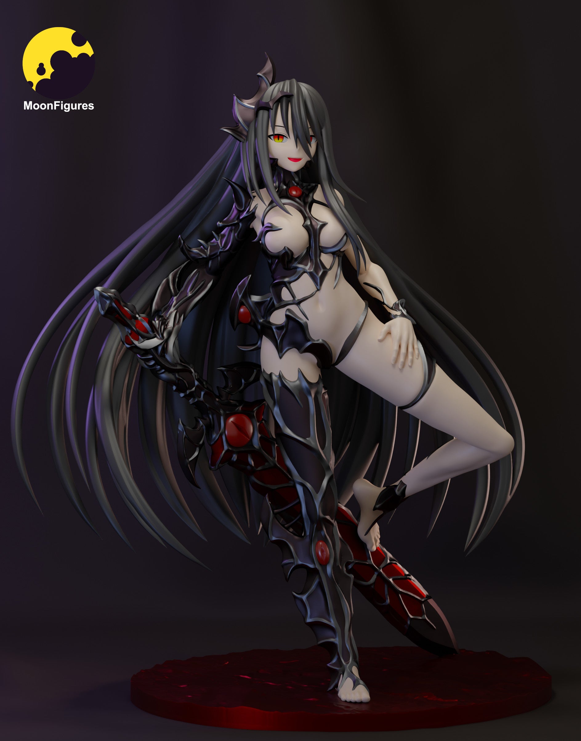 Cursed Sword figure assembled and painted display showing long hair, demon armor, organic greatsword, raised leg pose, and textured rocky base for Monster Girl Encyclopedia collectible.