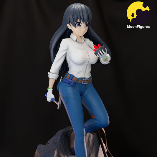 Painted render of Nagi Arato figure with long hair, white shirt, and blue jeans, standing on rock base.
